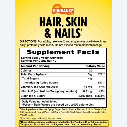 Sundance Vitamins Hair, Skin & Nails Gummies – 80 Vegan Gummies