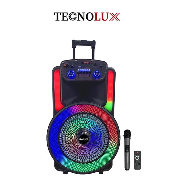 TECNOLUX 15" 50W 3600mAh 5.0 Treble, Echo, Bass & Delay Control Portable Bluetooth Speaker With Telescoping Handle, Wheels, Wireless Microphone, Remote Controller, FM & Aux GY-1207