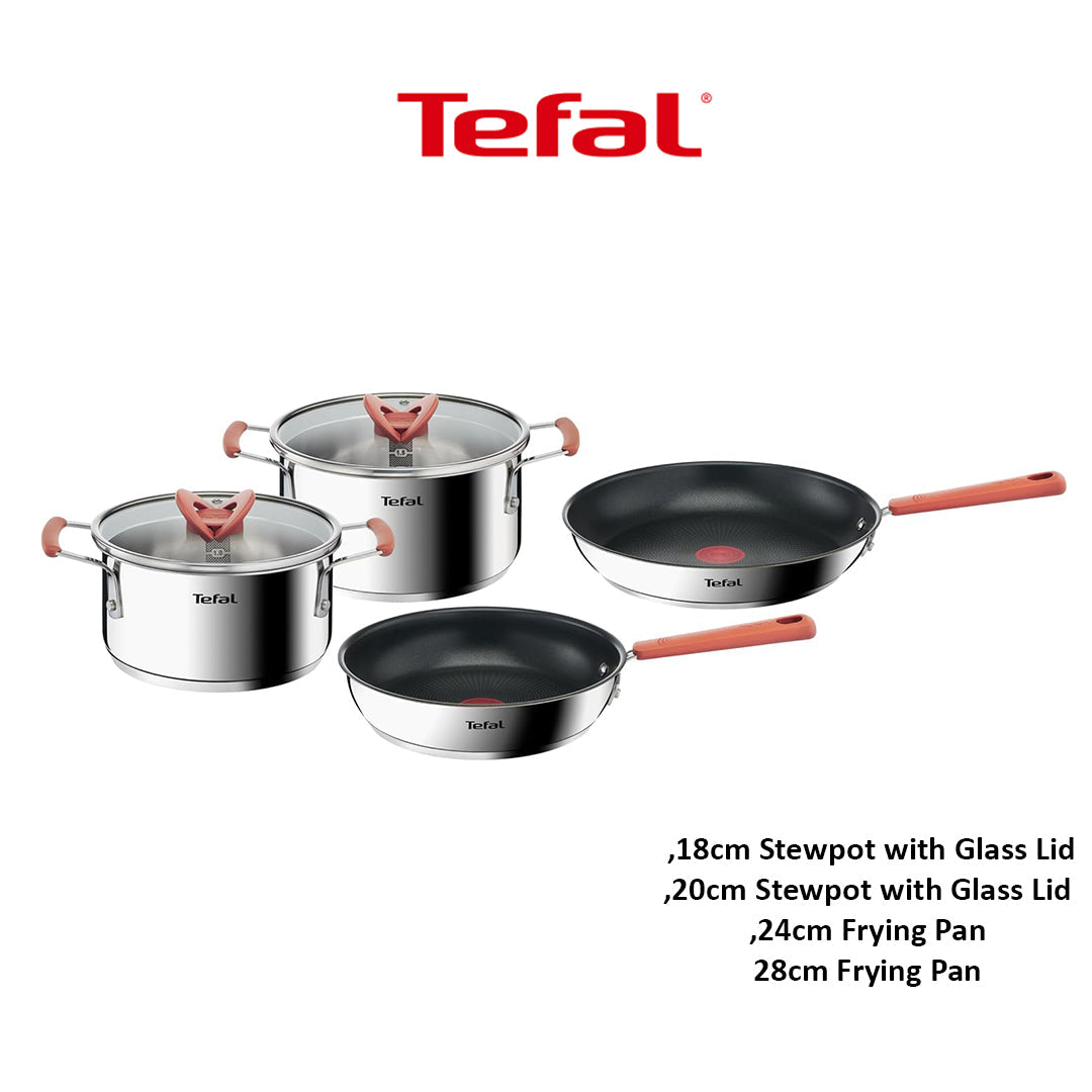 Tefal Opti'Space 4-Piece Pots and Pans Set, Stainless Steel, Stackable, Non-Stick, G720S604