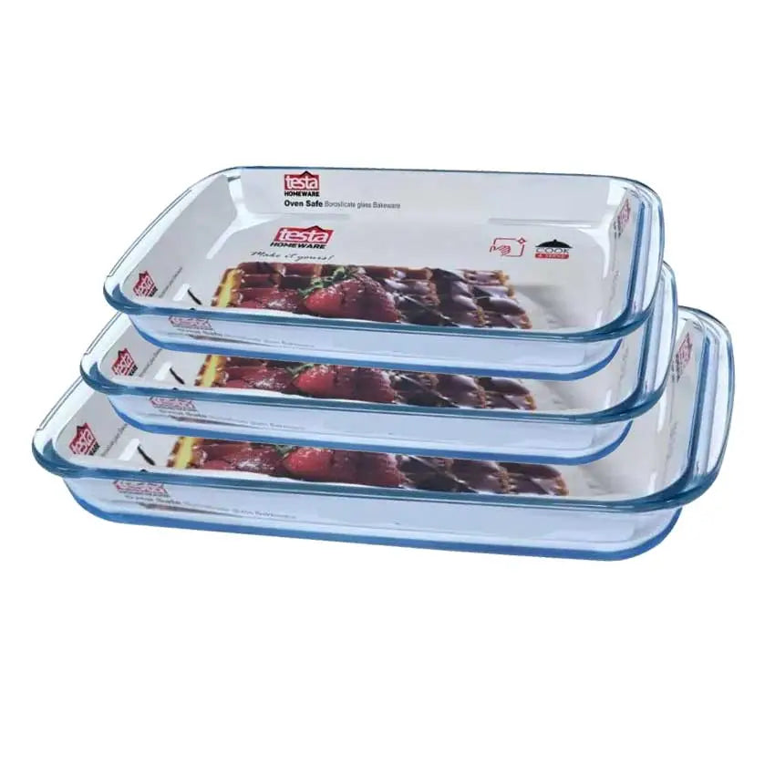 Testa Set of 3 Glass Oven Dishes Rectangular Roasters 1.6, 2.2 & 3 liters