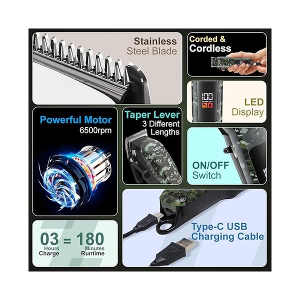 VGR V-665 Professional Beard Trimmer For Men With Quick Charge, 200 Mins Run-time, For Cord & Cordless Use