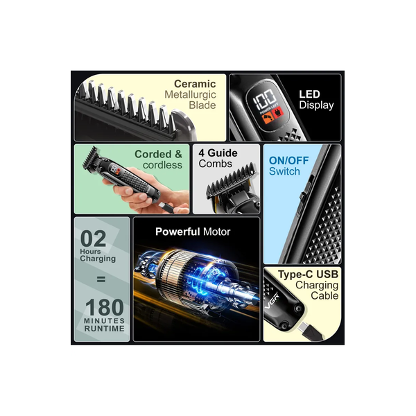 VGR V-972 Limited Edition Professional Hair Clipper,Trimmer for men with Digital LED Display,4 Cutting Combs,180min Runtime,1400mAh Lithium Battery