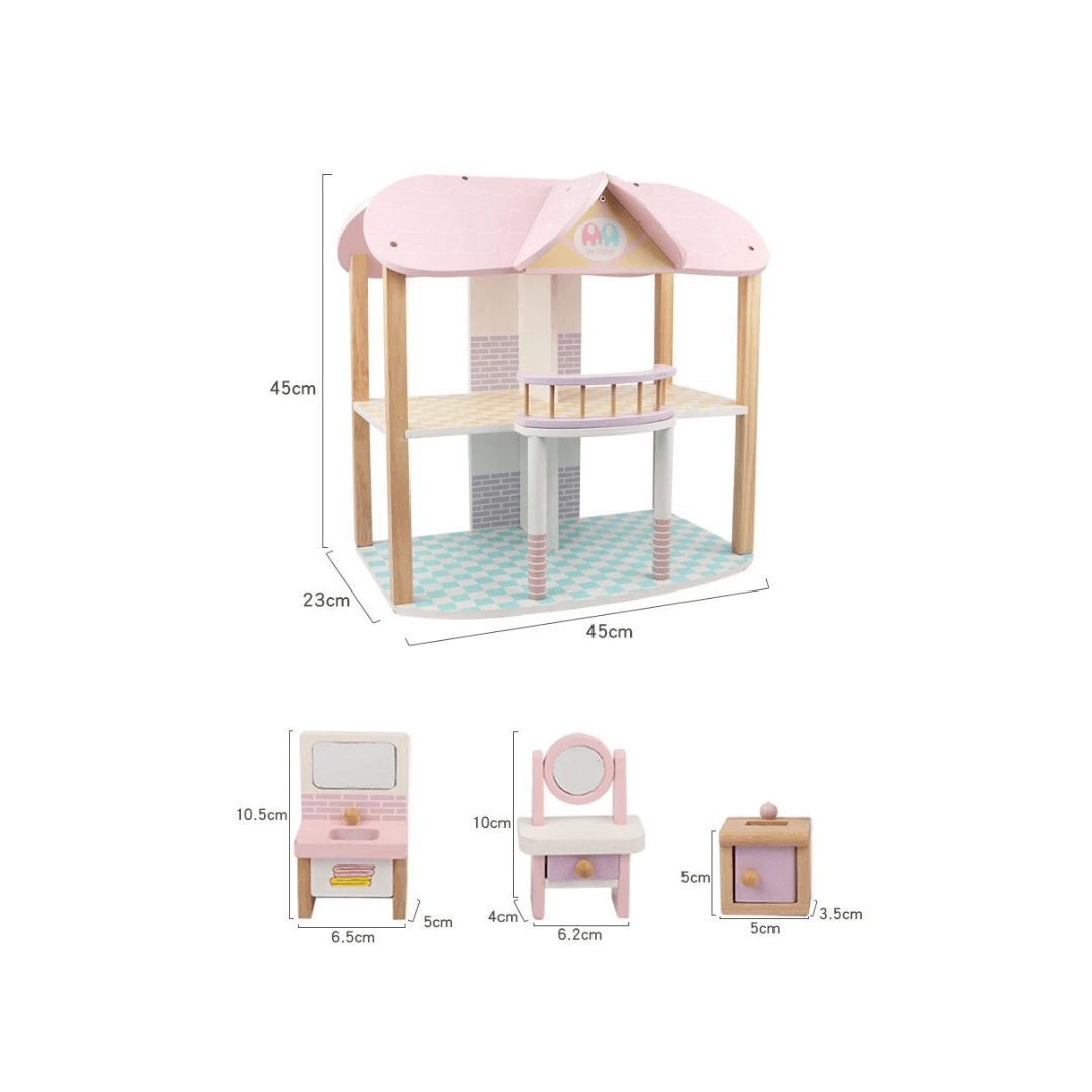 Children’s Pink Wooden Princess Dollhouse Villa with Full Furniture Set