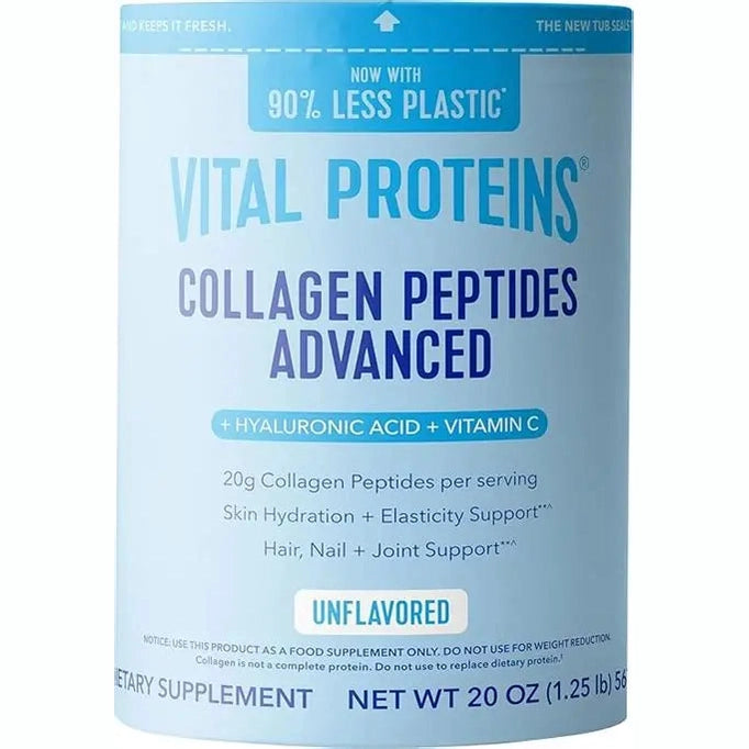Vital Proteins Collagen Peptides Powder Advanced with Hyaluronic Acid & Vitamin C - 20oz Collagen Protein, Unflavored, 27 Servings - 567g