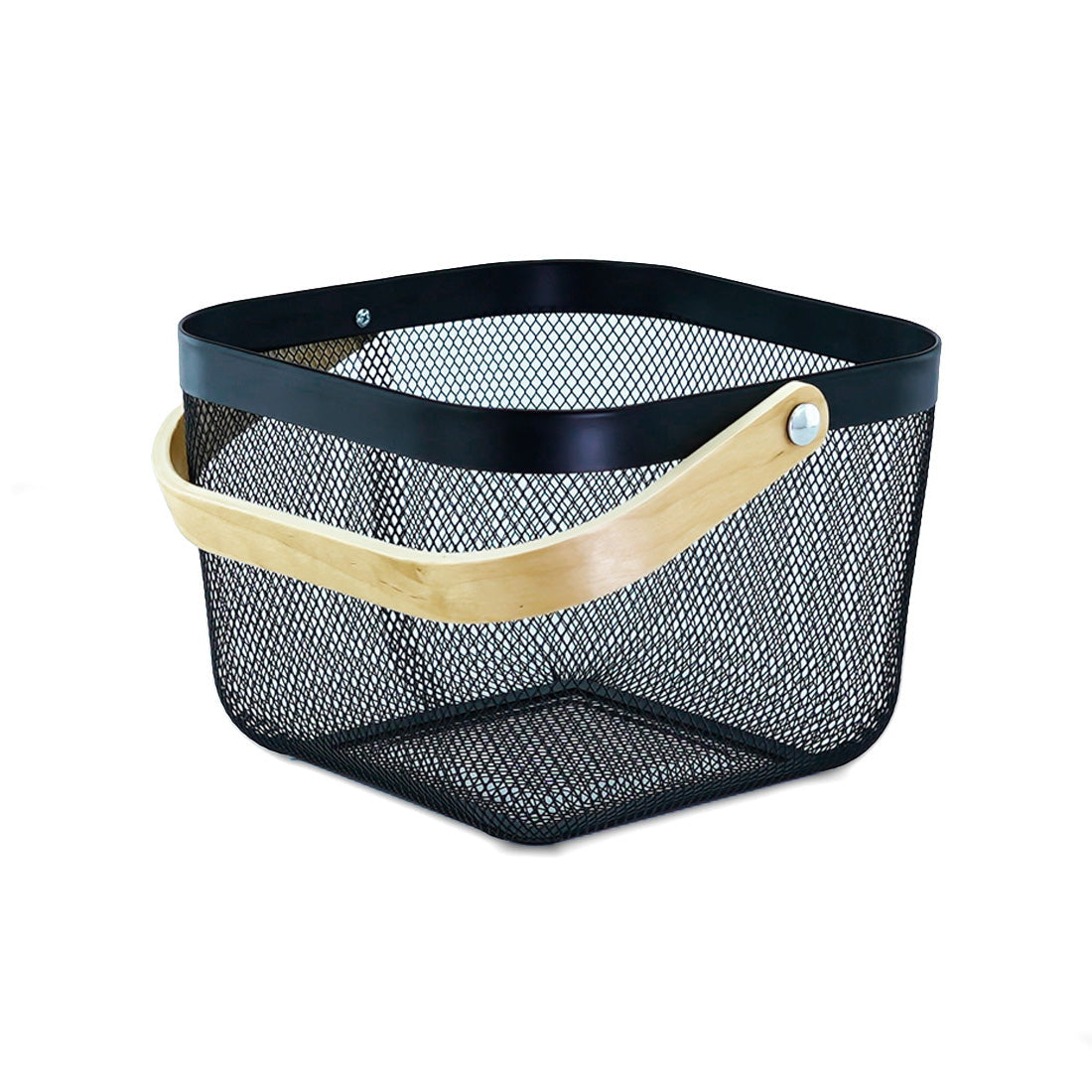 Black Mesh Storage Basket W/ Wooden Handle - Small