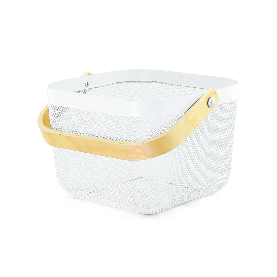 White Mesh Storage Basket W/ Wooden Handle - Small