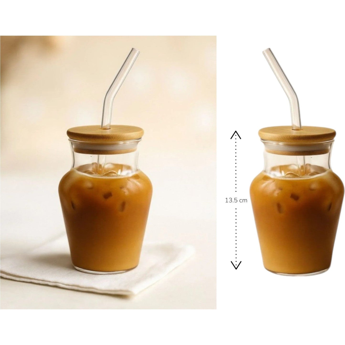 Curvy Clear Glass Drinking Cup with Bamboo Lid and Glass