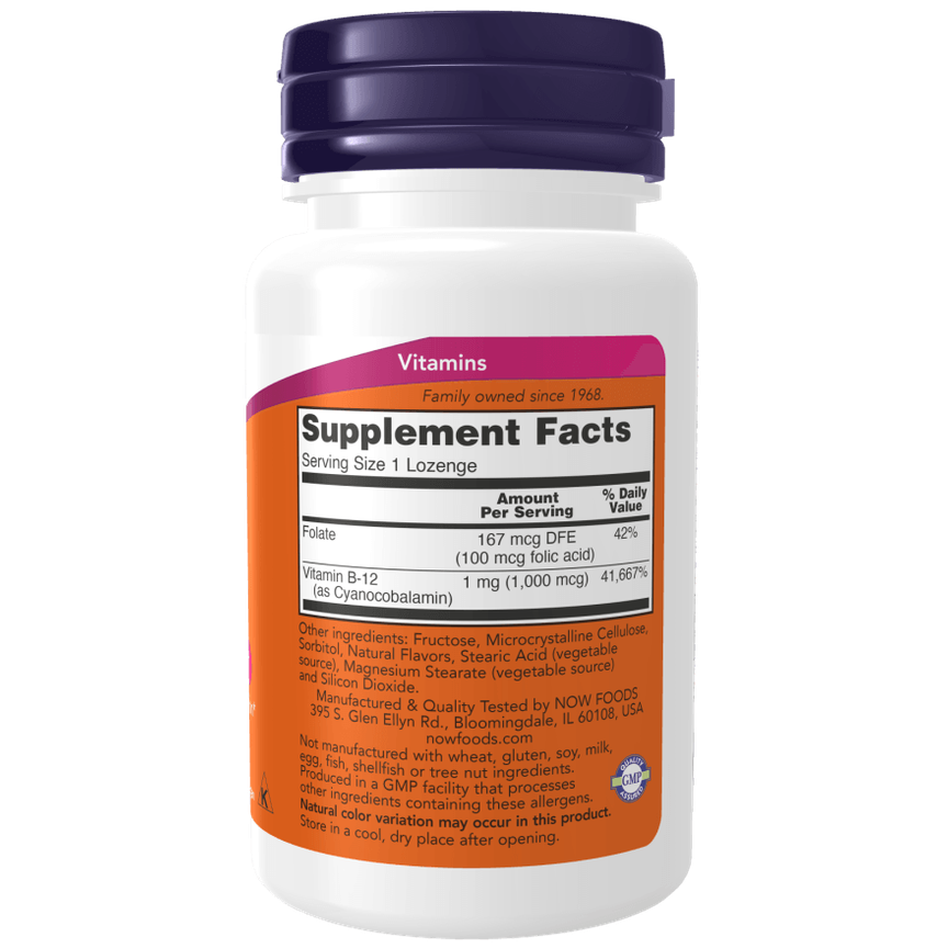 NOW Supplements, Vitamin B12 1,000 mcg with Folic Acid, Nervous System Health, 100 Chewable Lozenges