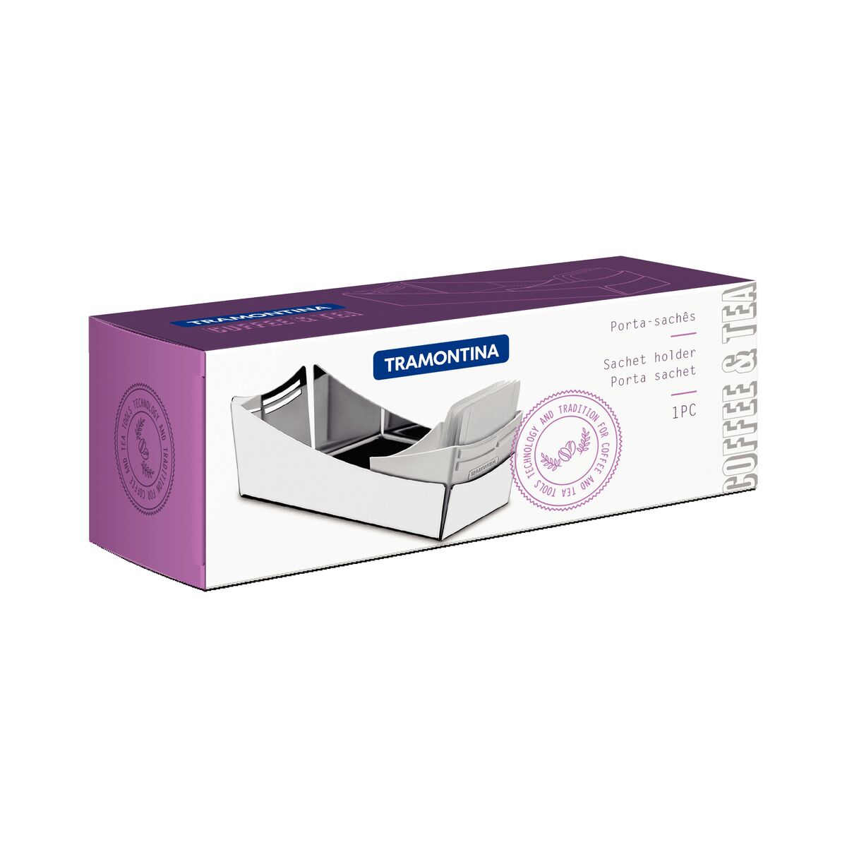 Tramontina stainless steel sachet holder with plastic spoon holder