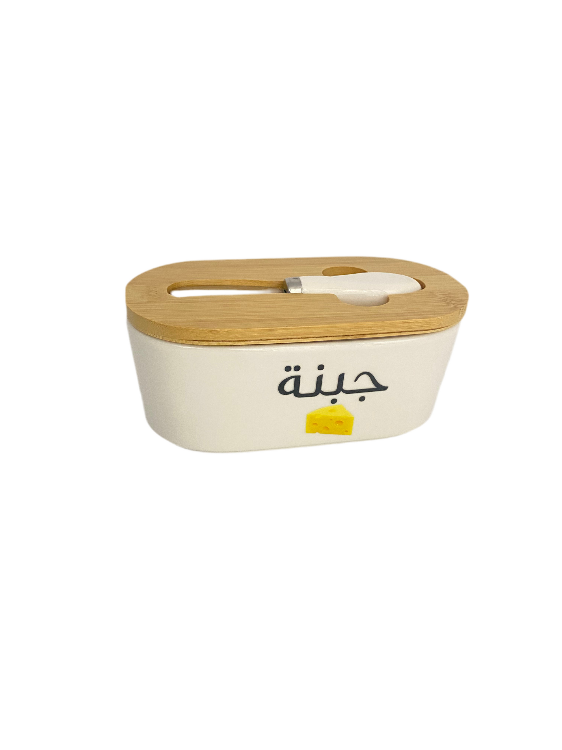 Oval Porcelain  Butter /Cheese  Bowl With  Bamboo Lid & Knife