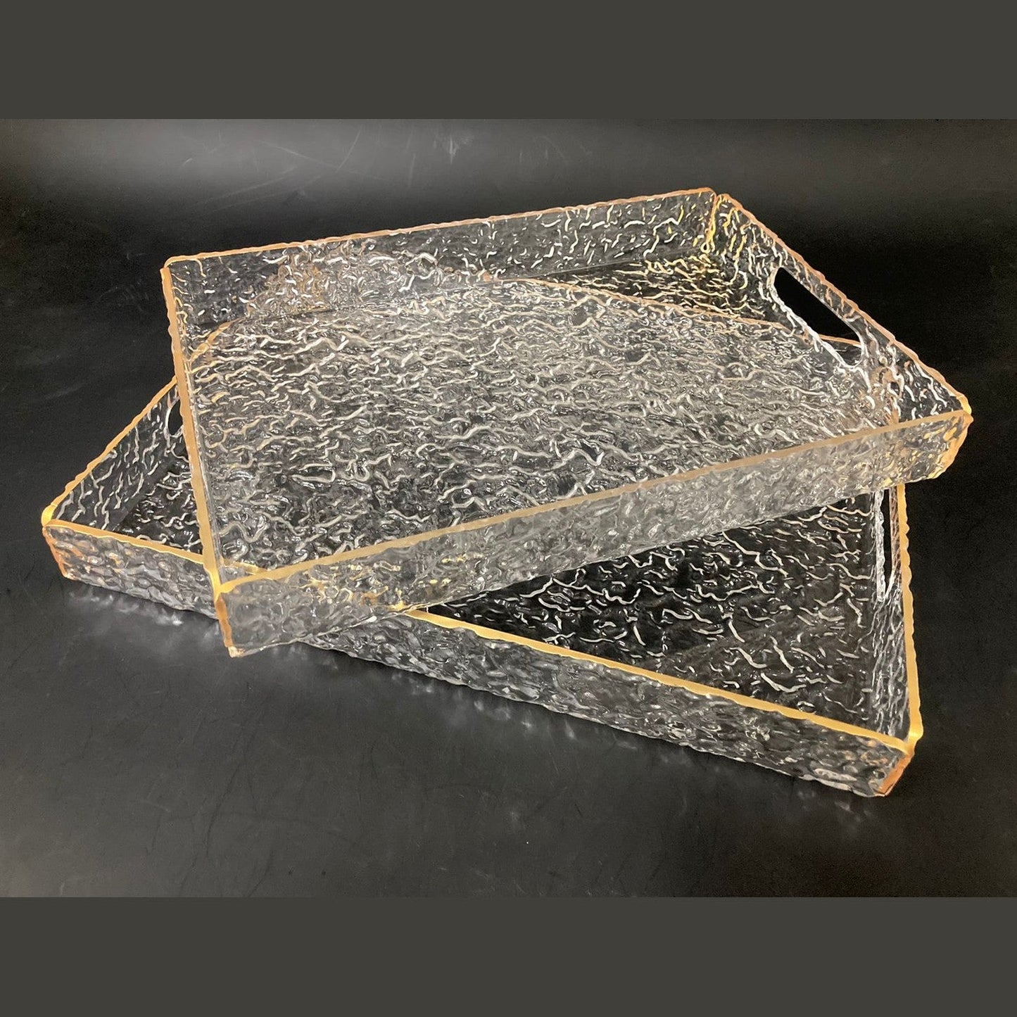 Set of 2 Acrylic Serving Trays Gold rim w Texture Design