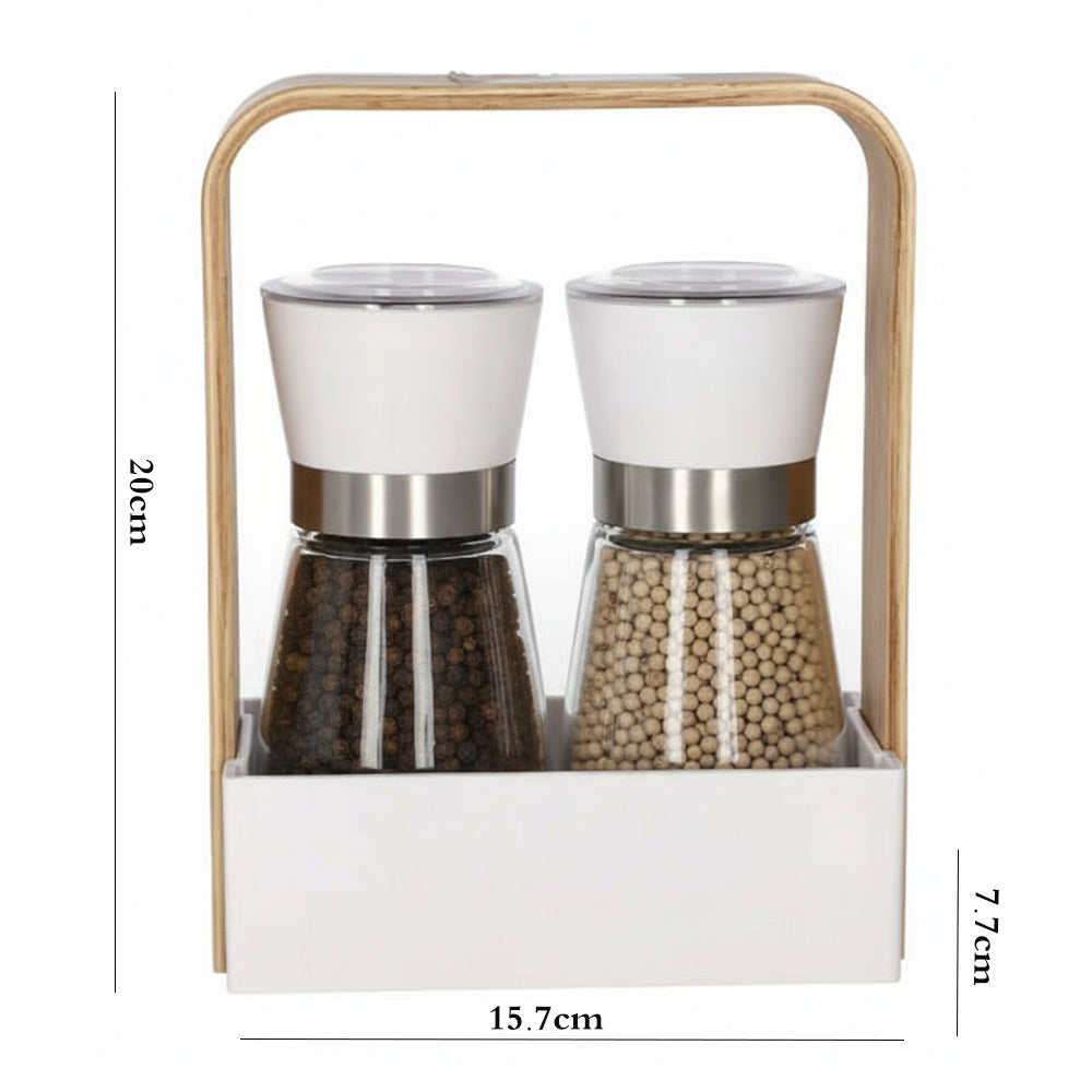 Danny Home 2-Pcs Salt & Pepper Grinder Mill With Rack Holder Wooden Handle