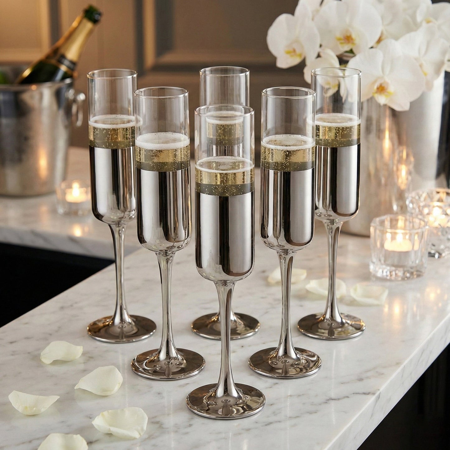 6-Pcs Elegant & Smooth Beverages Champagne Flute Glass – Gold 190ml #3769