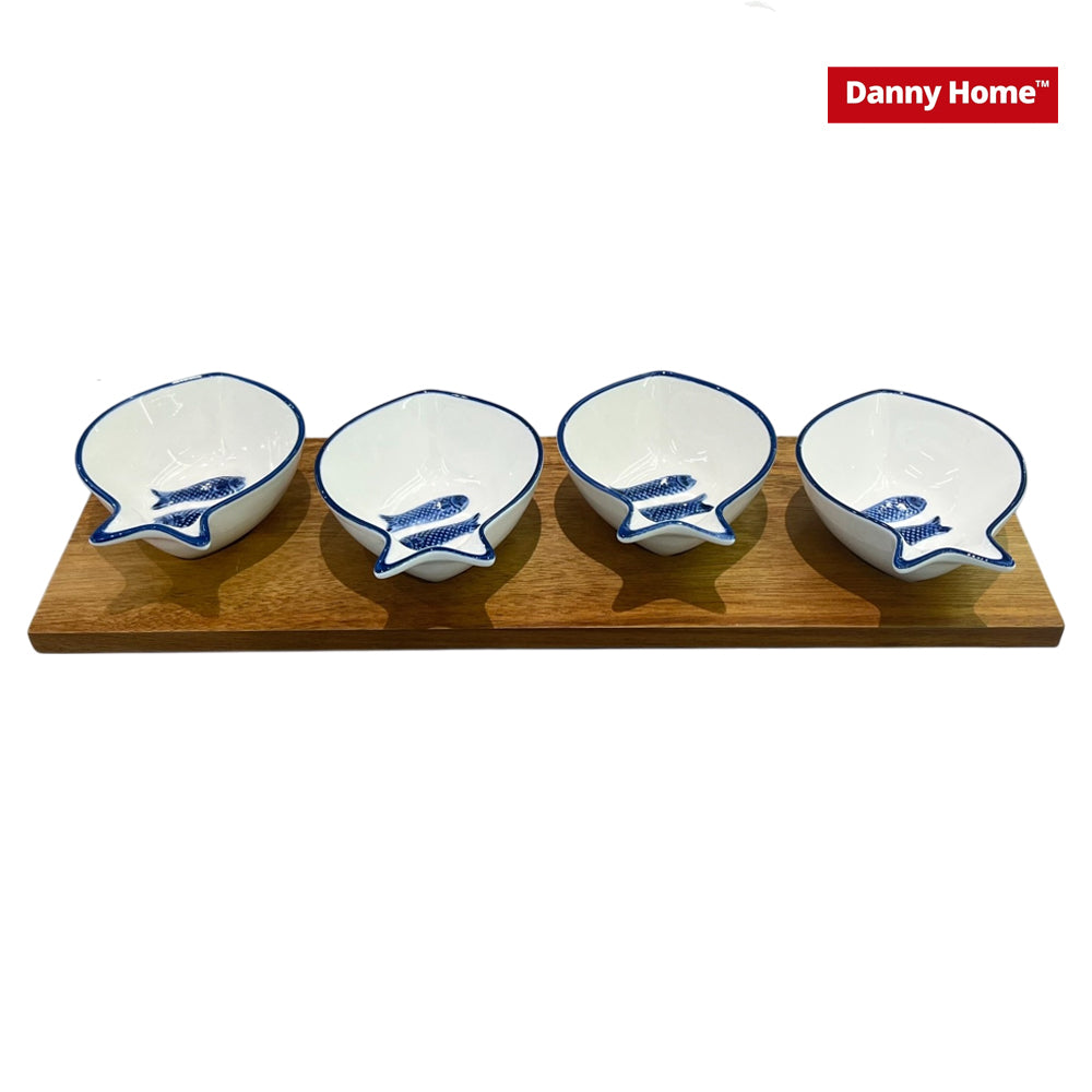 Danny Home Ceramic Snack Seasoning Bowl Holder on Acacia Board – 39cm