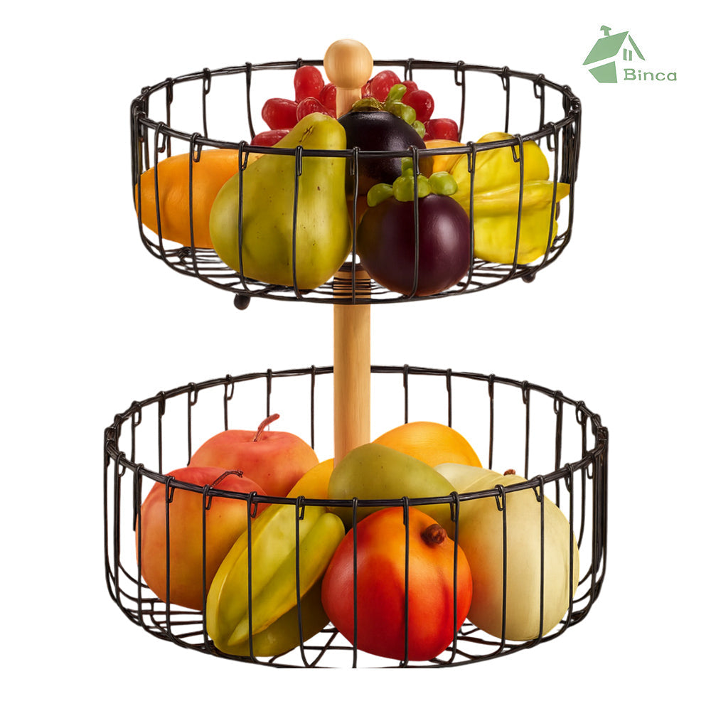 Binca 2-Tier Fruit & Vegetable Table Basket with Wooden Handle