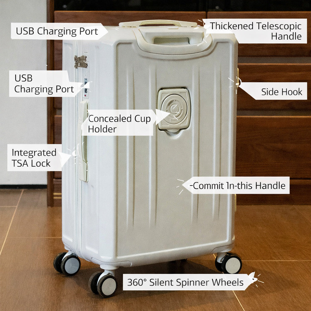 Carry-On Suitcase with USB Charging & Cup Holder (Blue)