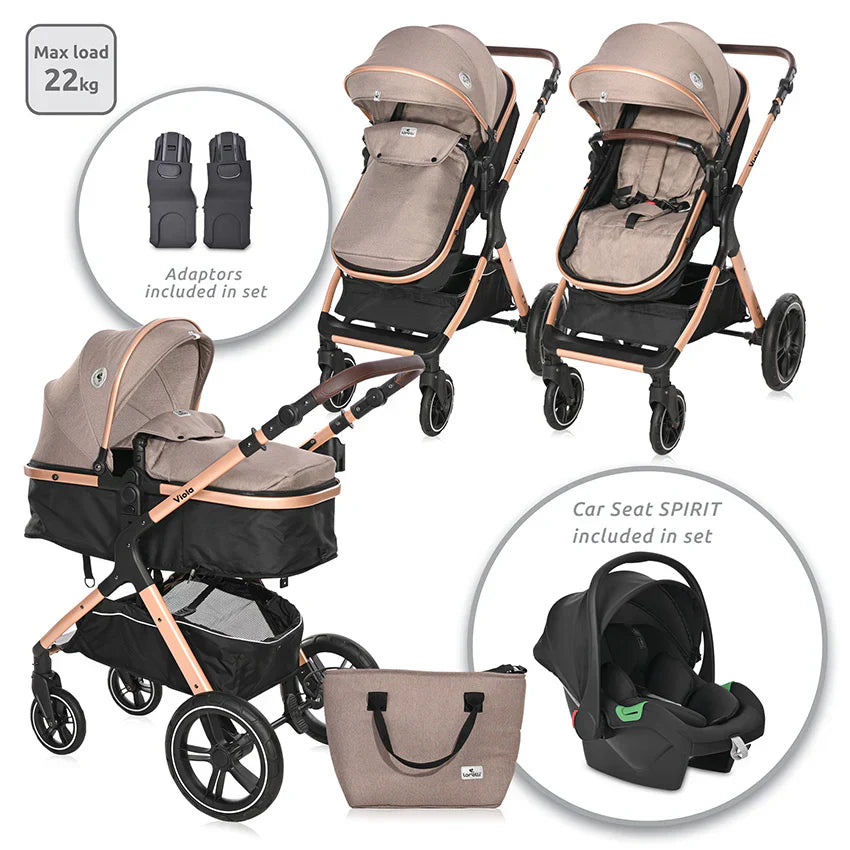 Lorelli - Baby Stroller - Viola 3in1 With Transformable Seat - Beige - Travel System