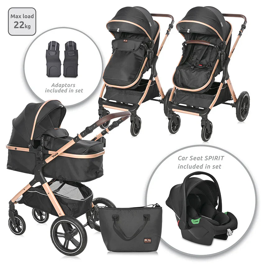 Lorelli - Baby Stroller - Viola 3in1 With Transformable Seat - Black - Travel System