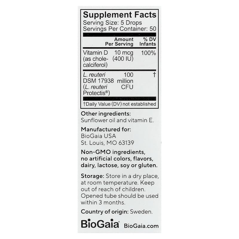 BioGaia Baby Probiotic Drops - Colic & Gas Relief + Vitamin D, 50-Day Supply, Safe for Newborns, Reduces Crying, Fussing, Colic, Gas, Spit-ups & Constipation, No allergens, dairy or soy