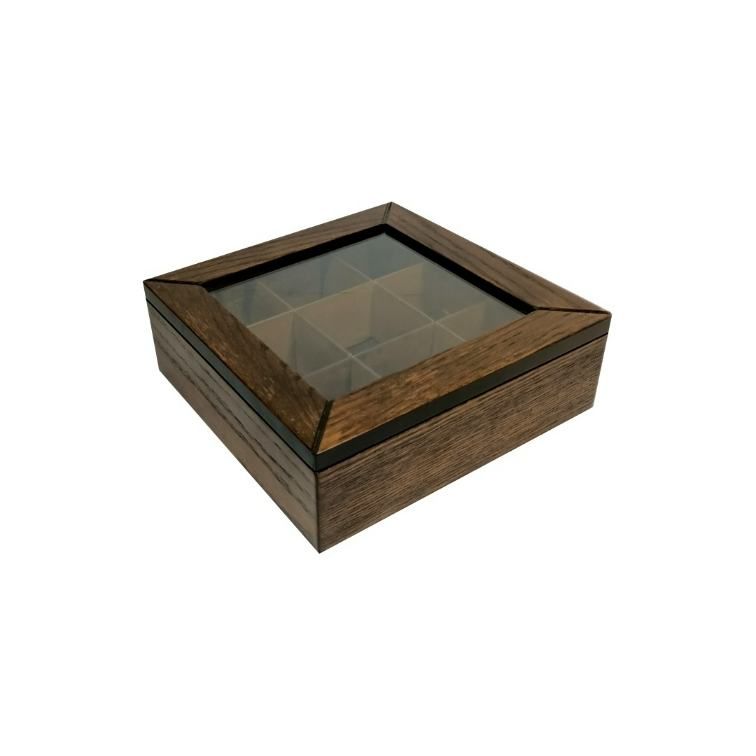 Wooden Glass Tea Box – Dark Walnut- 23x23x8cm – Flow Collection