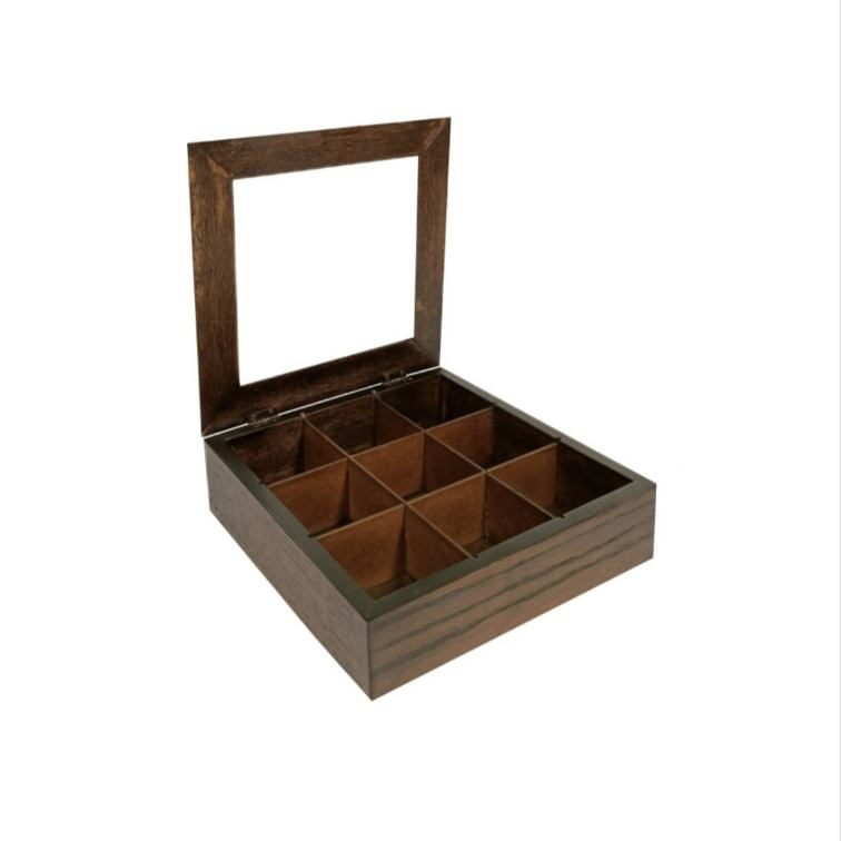 Wooden Glass Tea Box – Dark Walnut- 23x23x8cm – Flow Collection