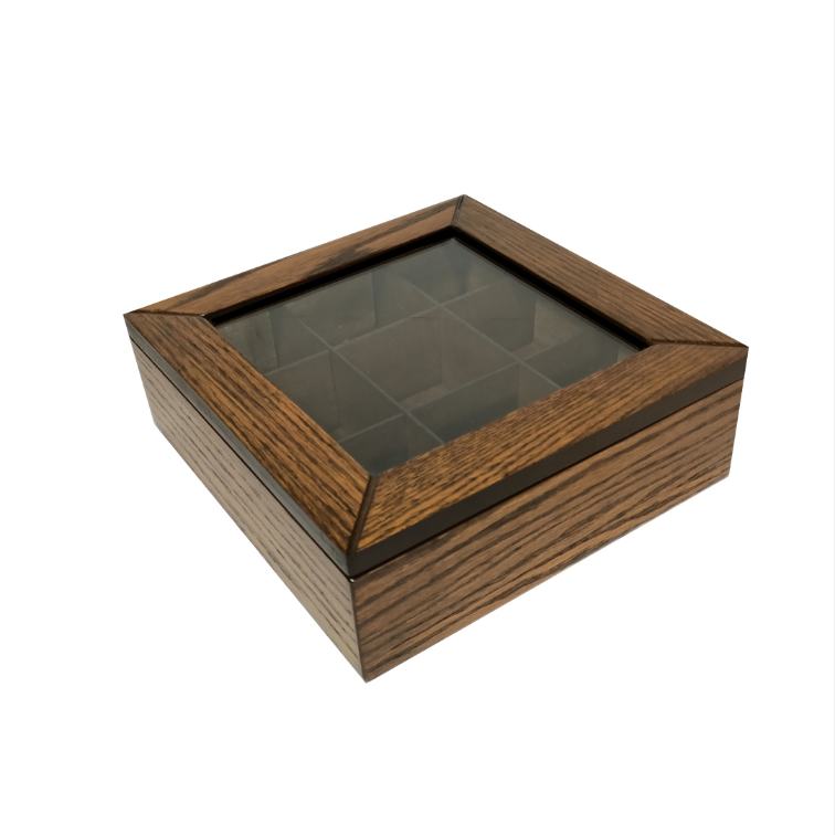Wooden Glass Tea Box – Light Walnut- 23x23x8cm – Flow Collection