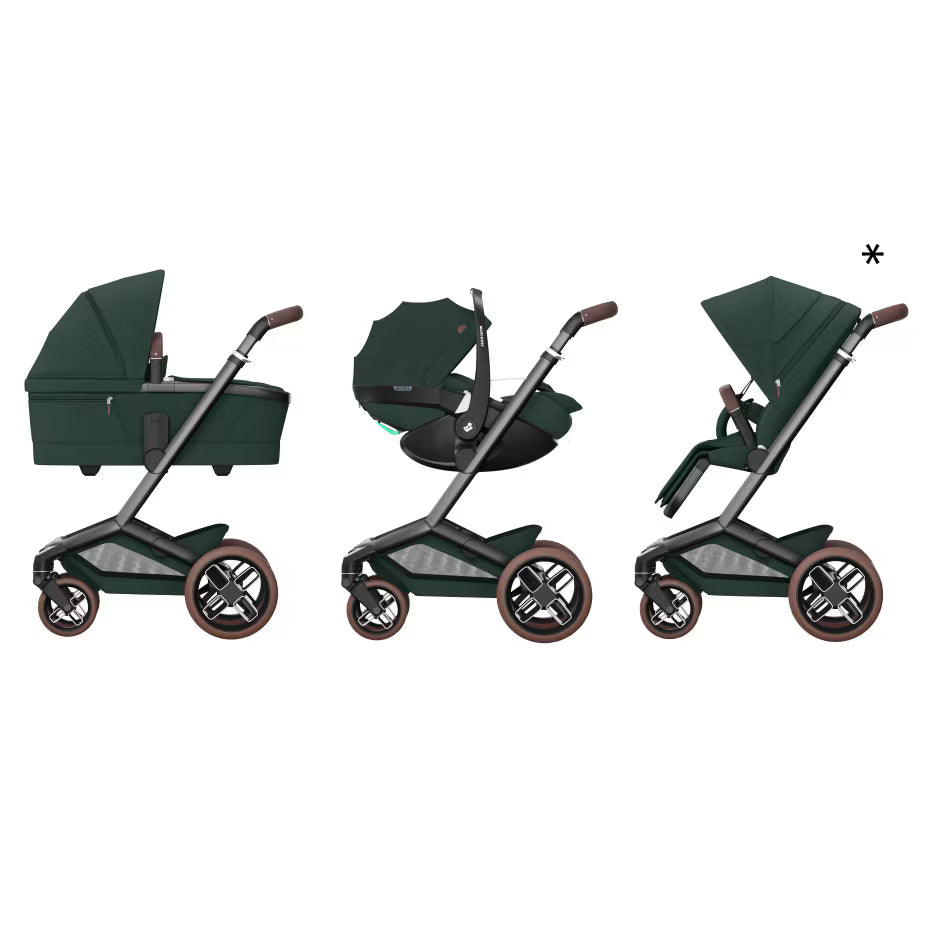 Maxi-Cosi - Fame 4pcs Bundle - Fame Stroller - Travel System - Carrycot - Cabriofix i-size Car Seat Cariofix i-size  Base - Twilic Green