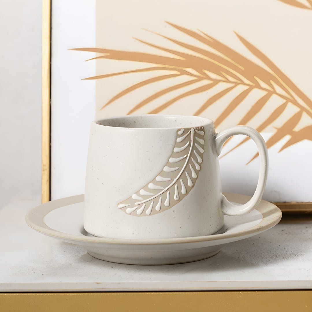 Ceramic Mug & Saucer Set – 280ml | Raised Engraved Leaf Detail