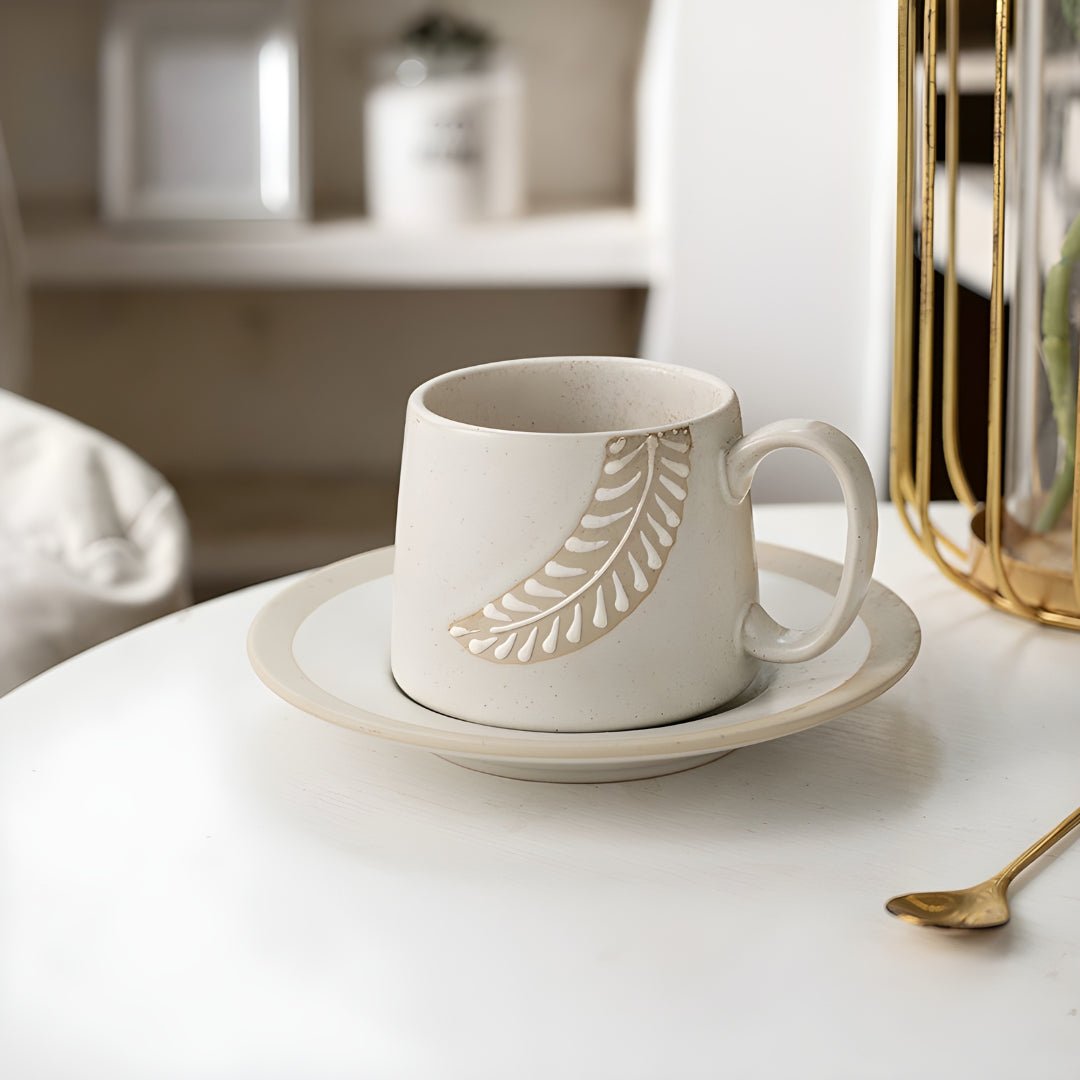 Ceramic Mug & Saucer Set – 280ml | Raised Engraved Leaf Detail