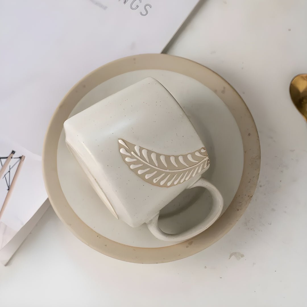 Ceramic Mug & Saucer Set – 280ml | Raised Engraved Leaf Detail