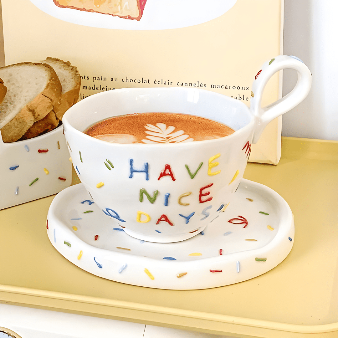 Have Nice Days Coffee Cup & Saucer – 300ml | Colorful Ceramic Set