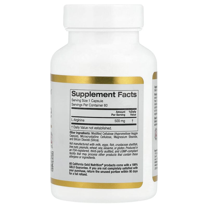 California Gold Nutrition, L-Arginine, 500 mg , 60 Veggie Capsules - Medaid International