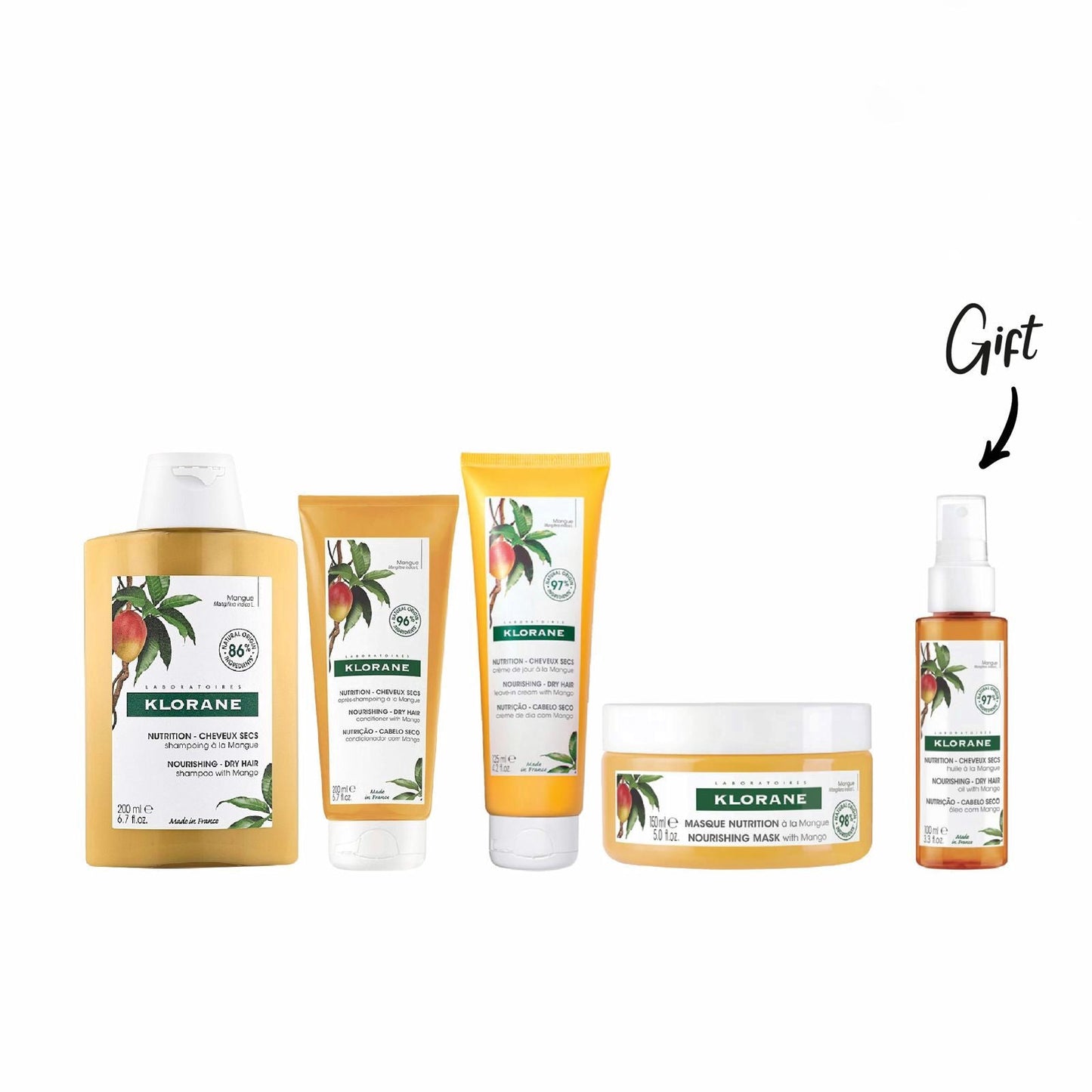 KLORANE SHAMPOO MANGUE 200ML+ KLORANE MASQUE REPARATEUR MANGUE 150ML+ KLORANE SPRAY HUILE DE MANGUE 100ml+KLORANE CREAM MANGUE 125ML+ KLORANE BAUME MANGUE 200ML