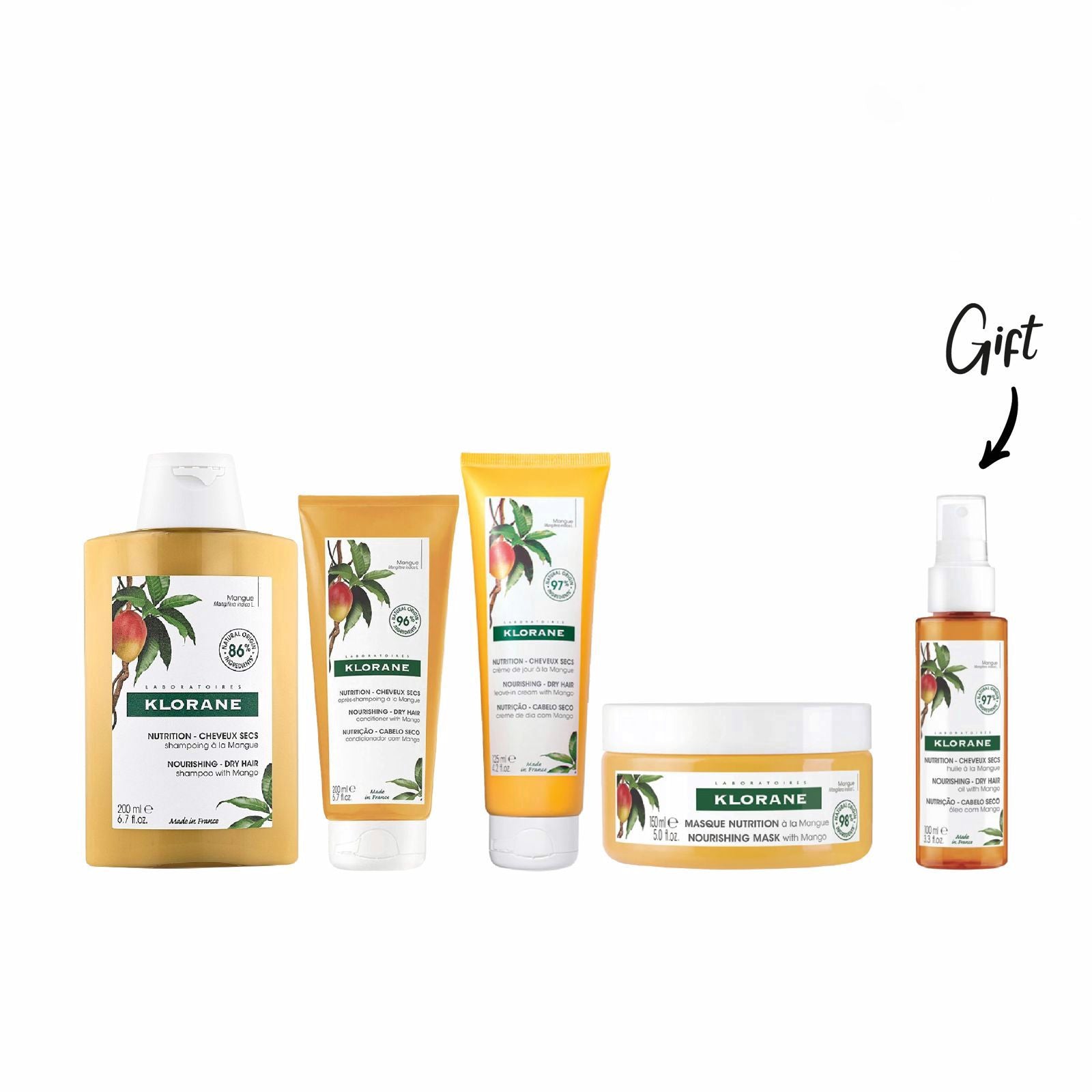 KLORANE SHAMPOO MANGUE 200ML+ KLORANE MASQUE REPARATEUR MANGUE 150ML+ KLORANE SPRAY HUILE DE MANGUE 100ml+KLORANE CREAM MANGUE 125ML+ KLORANE BAUME MANGUE 200ML