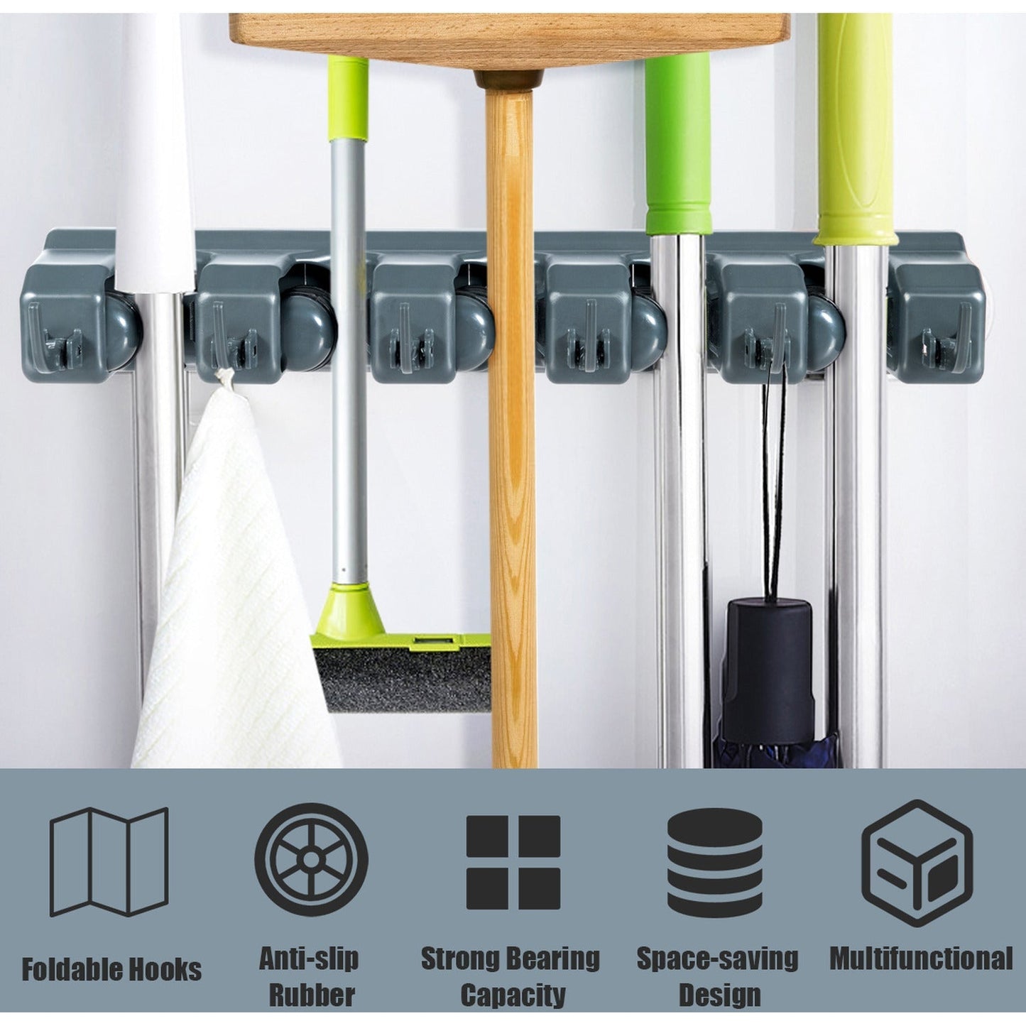 Wall Mount Mop Holder  with Hooks Heavy Duty
