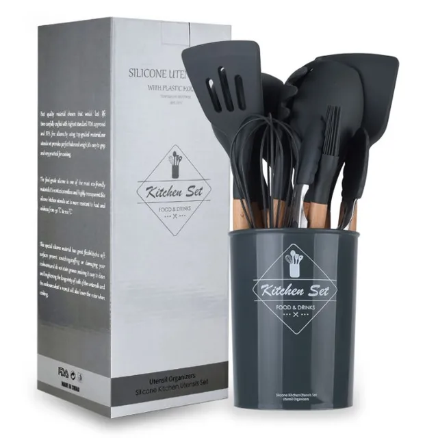 HEAT RESISTANT SILICONE AND WOOD UTENSILS SET OF 12 PCS