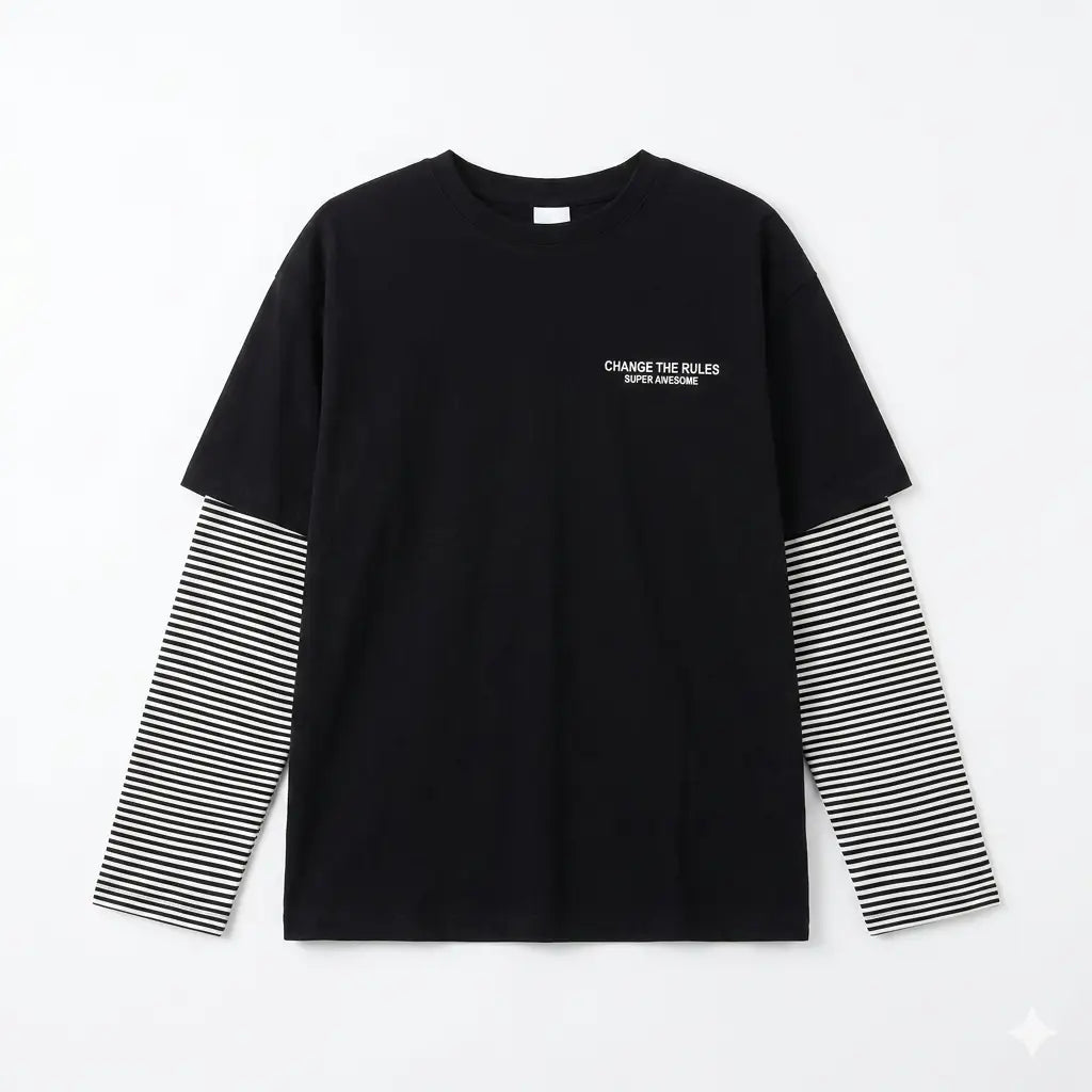 Zara Boy's Black & White Graphic Blouse With Striped Sleeves | Zara In Lebanon