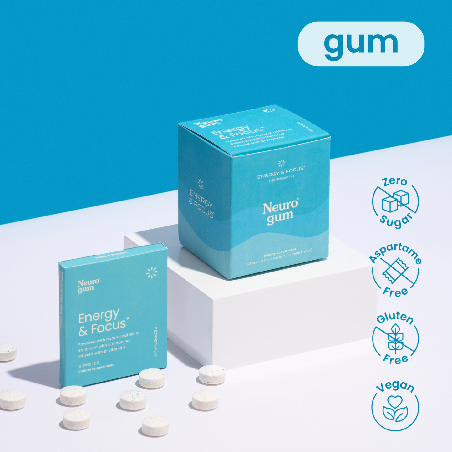 NeuroGum Energy Caffeine Gum (54 Pieces) - Sugar Free with L-theanine + Caffeine + Vitamin B12 & B6 - Nootropic Energy & Focus Supplement for Women & Men - Peppermint Flavor (Packaging May Vary)