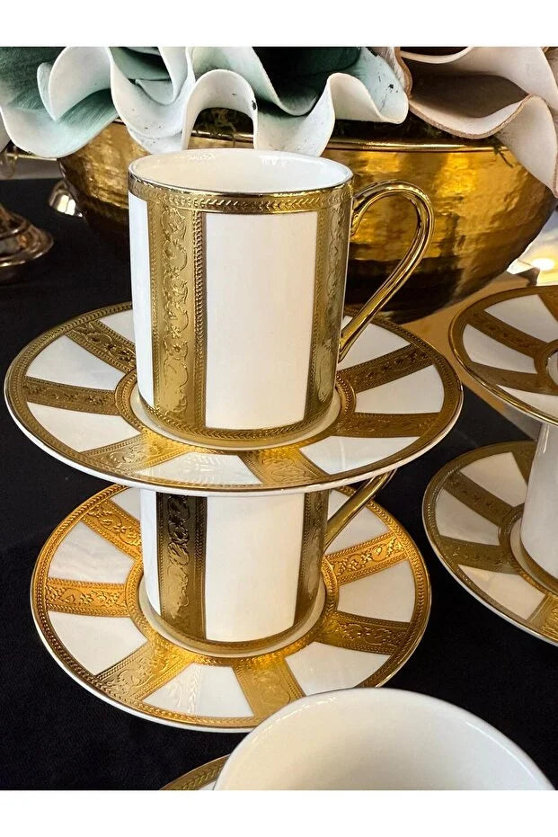 Set of 6  Gold Engraved Porcelain Coffee Cup Set