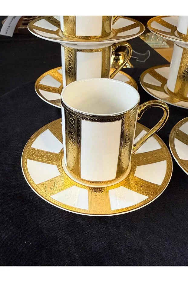 Set of 6  Gold Engraved Porcelain Coffee Cup Set