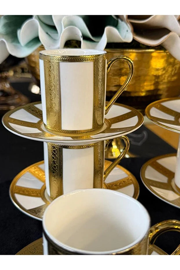 Set of 6  Gold Engraved Porcelain Coffee Cup Set
