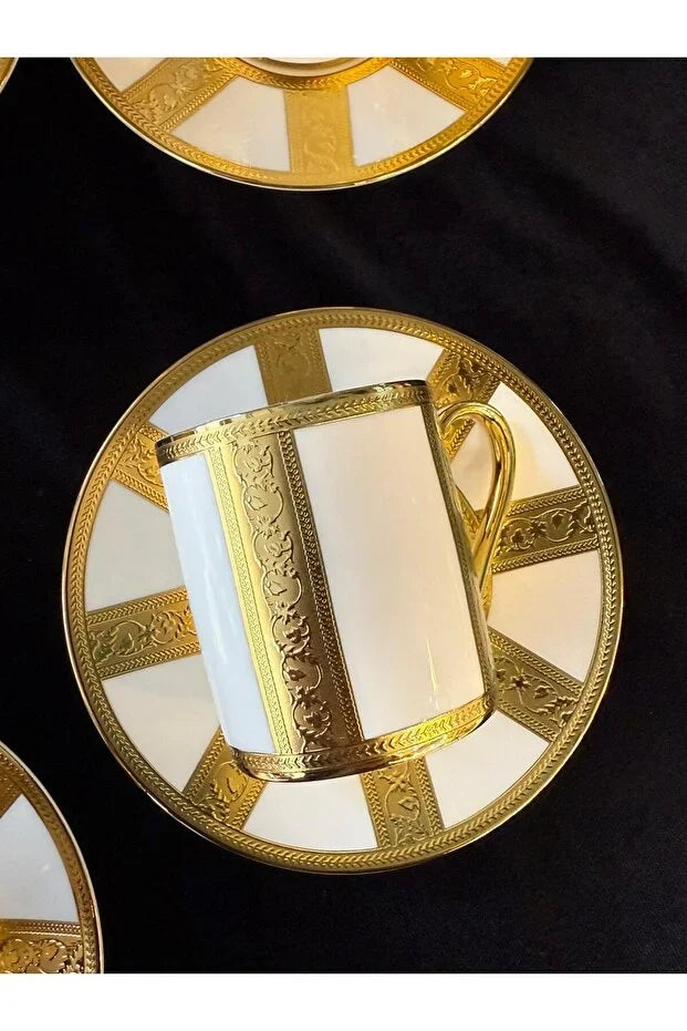 Set of 6  Gold Engraved Porcelain Coffee Cup Set