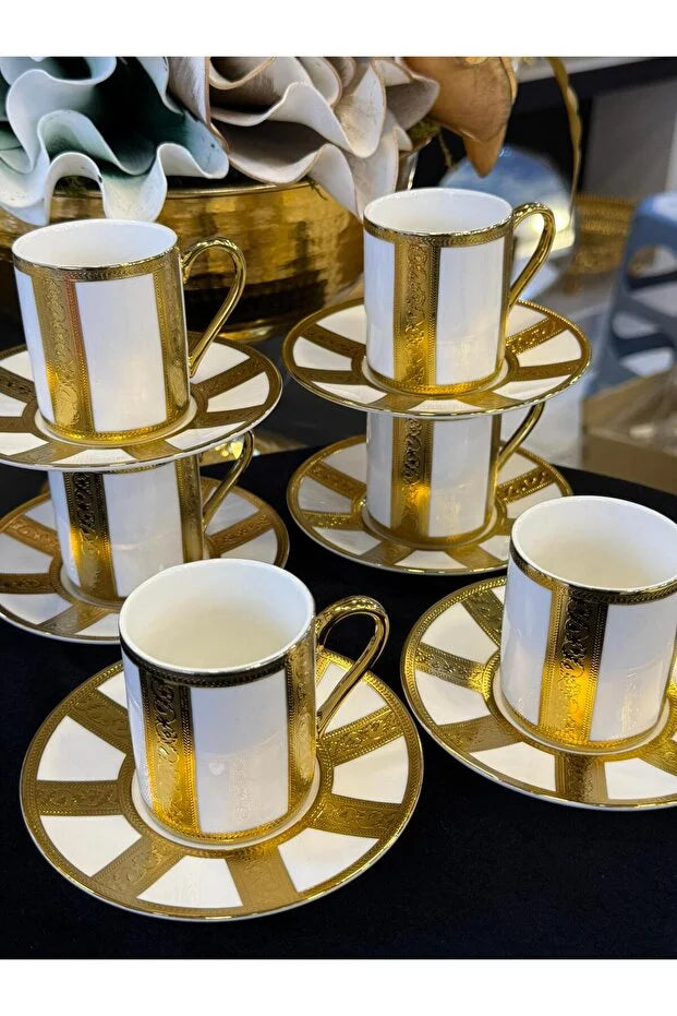 Set of 6  Gold Engraved Porcelain Coffee Cup Set