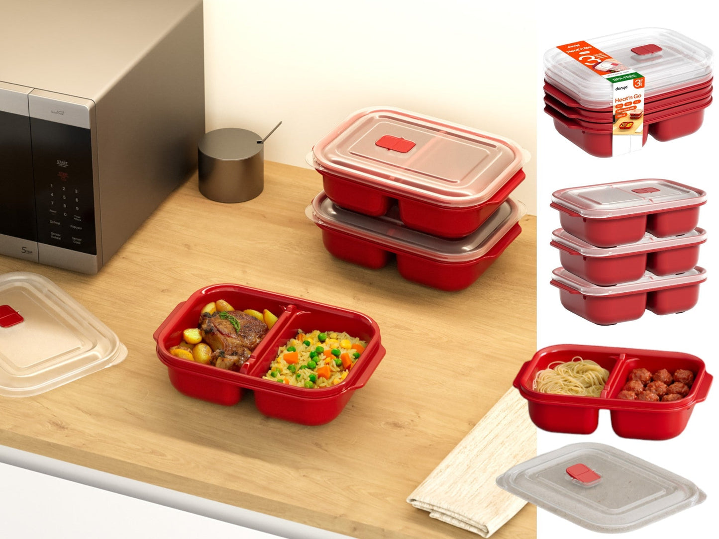 3 Pieces Set Heat'n Go Divided Food Containers 1200 ml