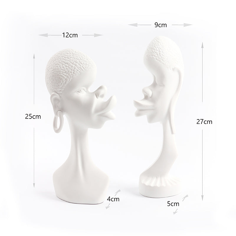 2 Pieces Resin Abstract African Couple Head Sculptures Art Statues for Home and Office White - Medaid International