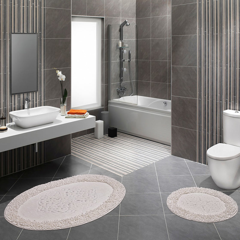 2 Pieces Oval Cotton Bath Mat and Toilet Mat Ultra Absorbent Washable Non Slip Bathroom Mats White - Image 2