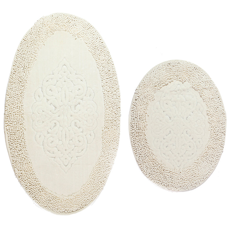 2 Pieces Oval Cotton Bath Mat and Toilet Mat Ultra Absorbent Washable Non Slip Bathroom Mats White - Image 1