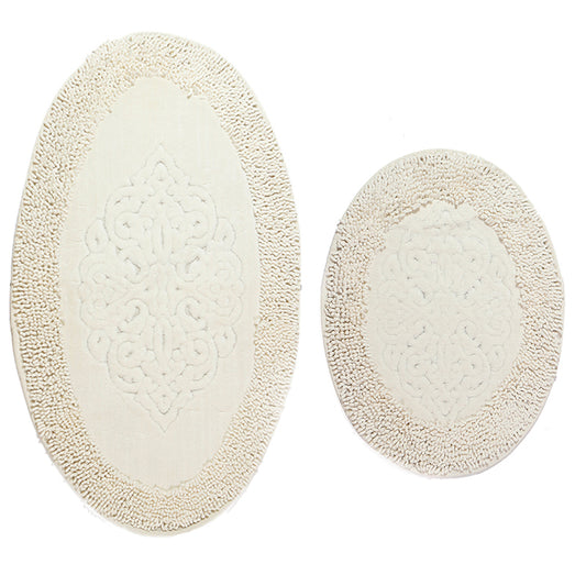 2 Pieces Oval Cotton Bath Mat and Toilet Mat Ultra Absorbent Washable Non Slip Bathroom Mats White - Image 1