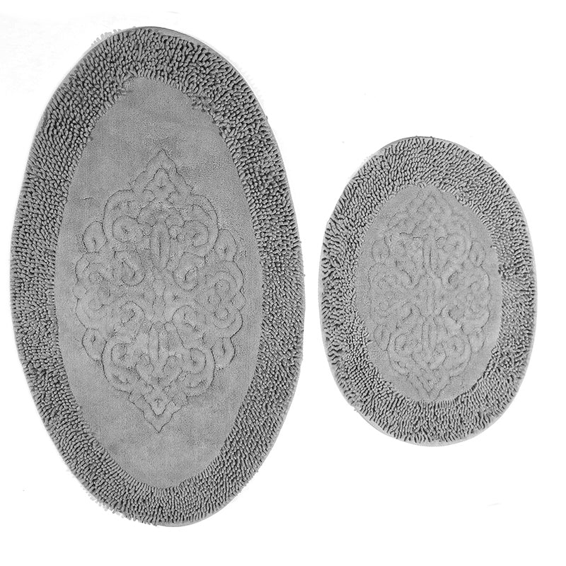 2 Pieces Oval Cotton Bath Mat and Toilet Mat Ultra Absorbent Washable Non Slip Bathroom Mats Gray - Image 1