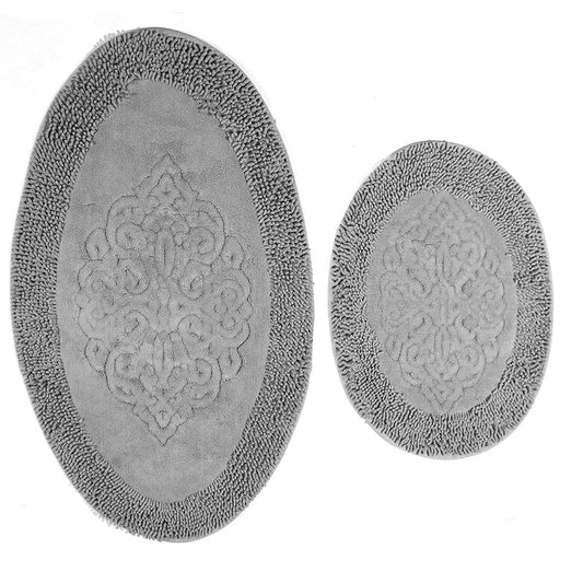 2 Pieces Oval Cotton Bath Mat and Toilet Mat Ultra Absorbent Washable Non Slip Bathroom Mats Gray - Image 1
